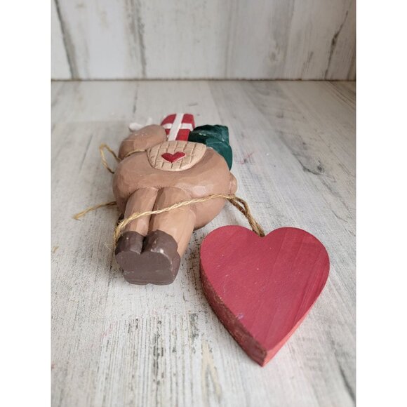 Reindeer wooden folk art figure heart ornament Xmas set - Picture 7 of 8